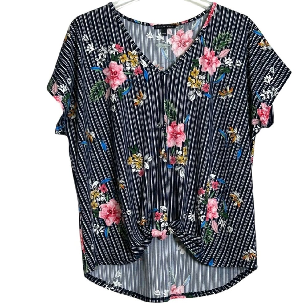 Signature Studio Women's Navy Blue White Striped Floral Large Short Sleeve Top